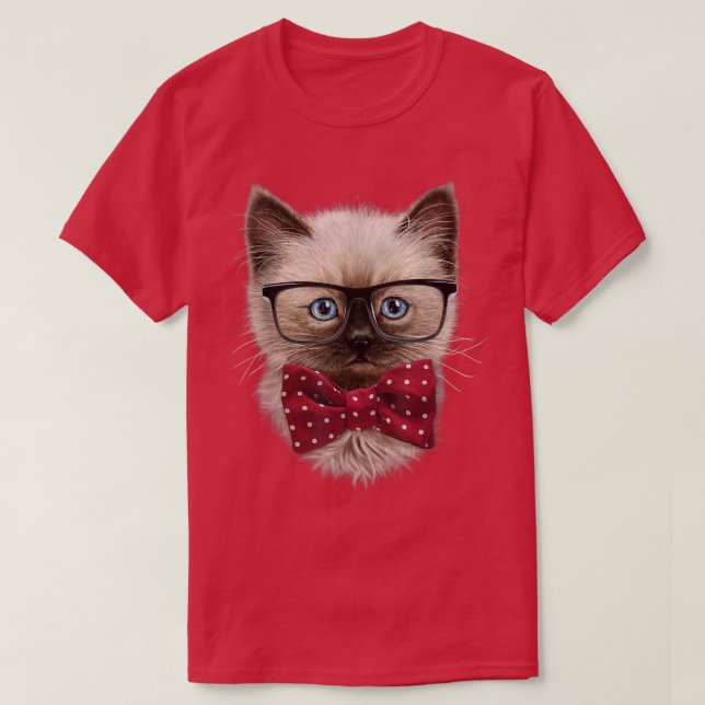 Smart Looking Siamese Cat, Nerd Eyeglass, Bow Kraw T-Shirt (Design vorne)