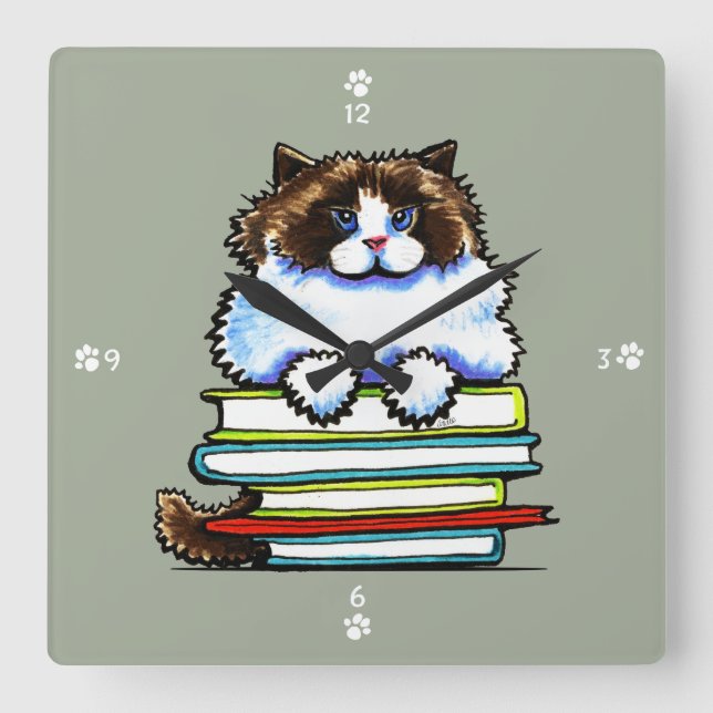 Smart Ragdoll Kitty Books Quadratische Wanduhr (Vorderseite)
