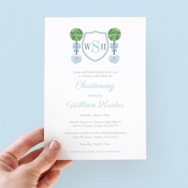 Smart Topiary Monogram Boy Christening Party Einladung (Preppy Three Letter Monogram Christening Invitation For Boy With Watercolor Boxwood Topiary Details)