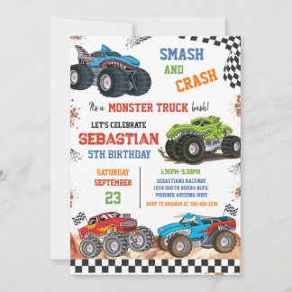 Smash & Crash It's Monster Truck Bash Boy Birthday Einladung