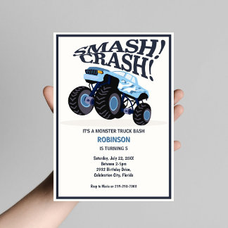 Smash Crash Modern Blue Monster Truck Birthday Einladung
