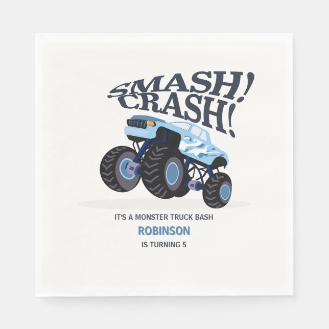 Smash Crash - Modern Blue Monster Truck Birthday Serviette (Vorderseite)