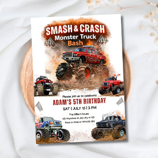 Smash & Crash Monster Truck Bash Birthday Boys Car Einladung