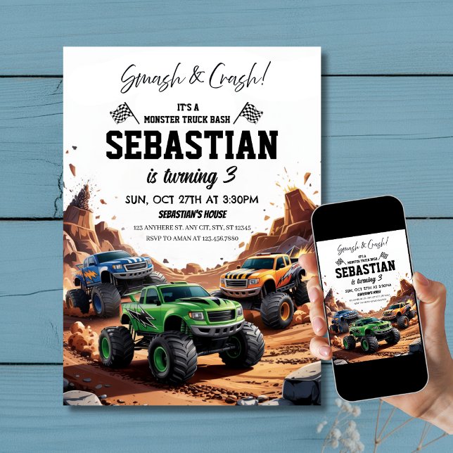 Smash & Crash Monster Truck Kundgebung 3. Geburtst Einladung (Smash & Crash Monster Truck Rally 3rd Birthday Invitation
)