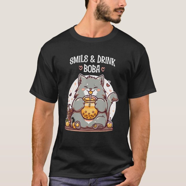 Smile and drink Boba Bliss  Fat Cat Enjoying Bubbl T-Shirt (Vorderseite)