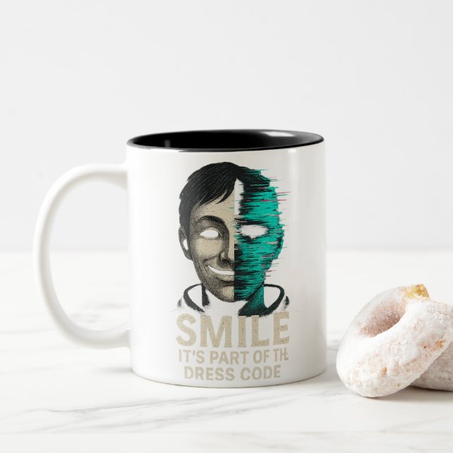 Smile Dress Code Digital Glitch Zweifarbige Tasse (Mit Donut)