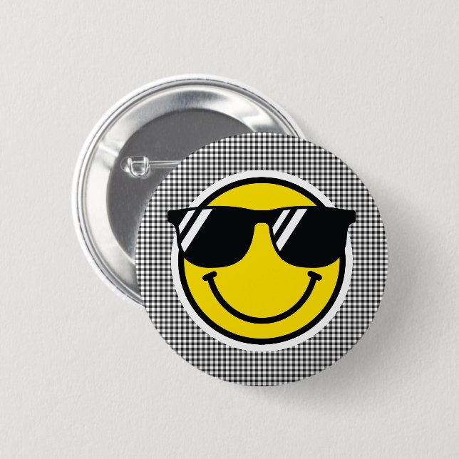 Smile Emoji Happy Face Sonnenbrillen Gingham Fun Button (Vorne & Hinten)