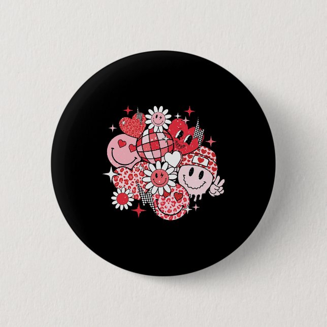 Smile Face Valentinstag Vibes Leopard Blume Gro Button (Vorderseite)