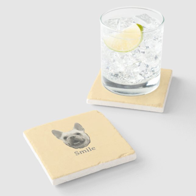 Smile French Bulldog Beige Steinuntersetzer (Seitenansicht)