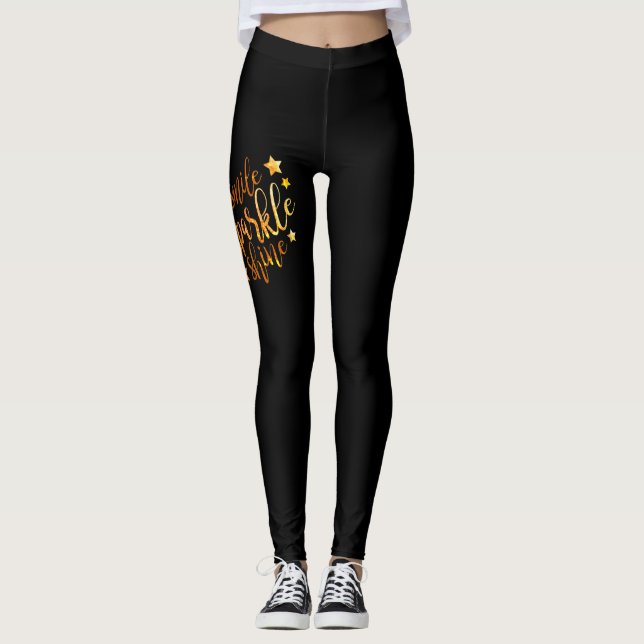Smile Sparkle Shine Black Gold Ladys Leggings (Vorderseite)