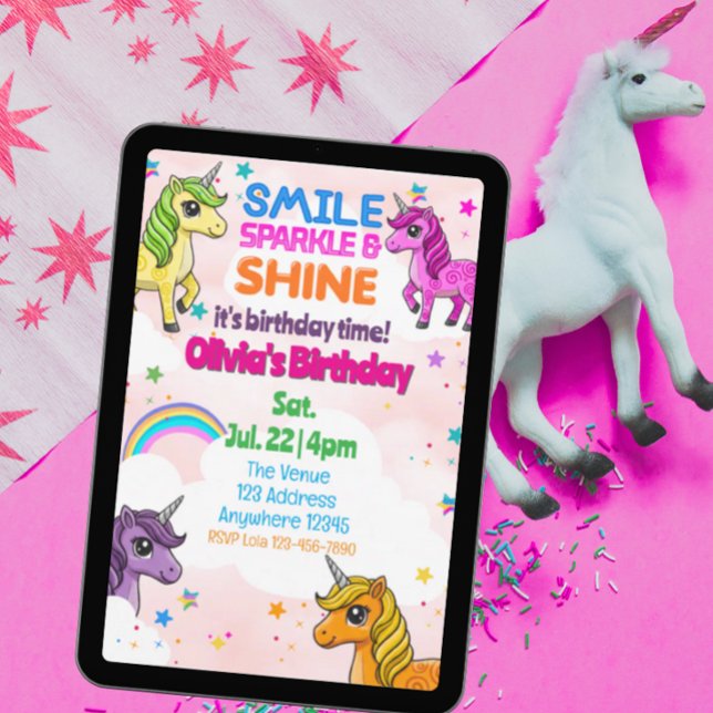 Smile, Sparkle, Shine Unicorn Birthday Einladung (Von Creator hochgeladen)