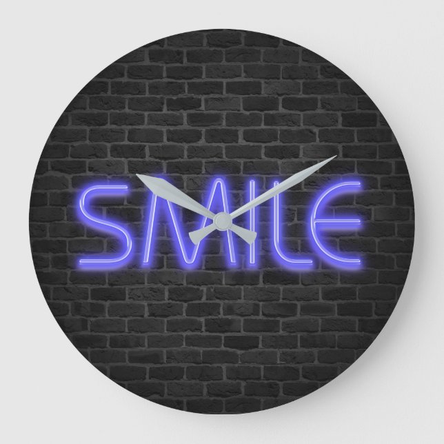 SMILE Text in Neonleuchten auf Backstein Große Wanduhr (Vorderseite)
