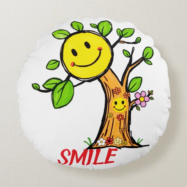 "Smile Tree" Positive Vibes Rundes Kissen (Vorderseite)