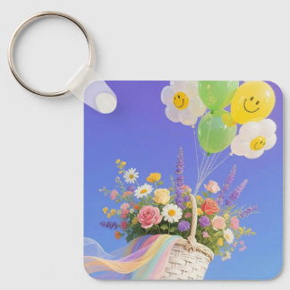 Smiley-Ballon- und Blumenkorb-Anhänger Schlüsselanhänger