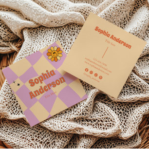 Smiley Blume Retro Checkerboard - Peach & Lila Quadratische Visitenkarte