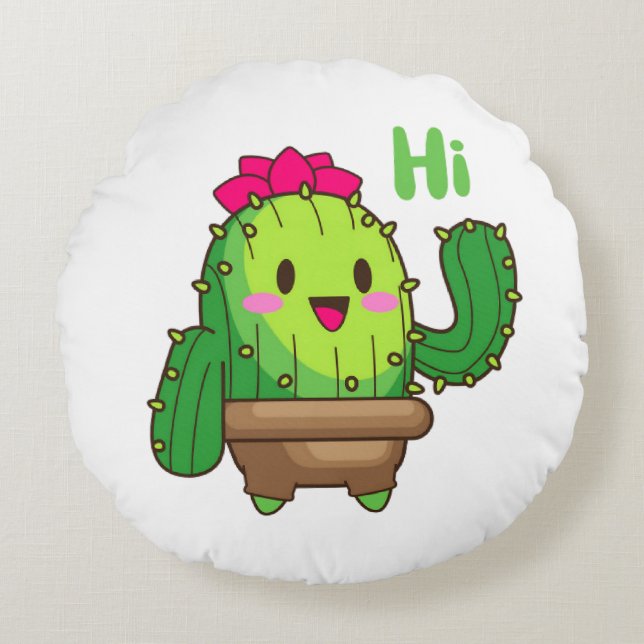 Smiley Cactus Pillow – Hello Plant Design Rundes Kissen (Vorderseite)