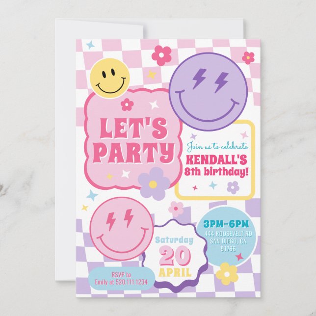 Smiley Preppy Face Colorful Birthday Invitation Einladung (Vorderseite)