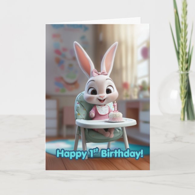 Smiling Baby Bunny in High Chair w/ 1st Bday Cake Karte (Vorderseite)
