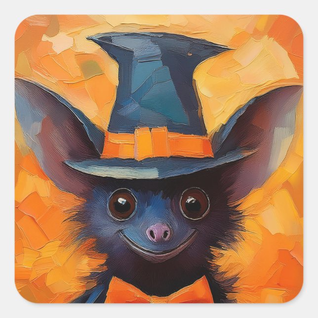 Smiling Bat in Witch Hat Quadratischer Aufkleber (Vorderseite)