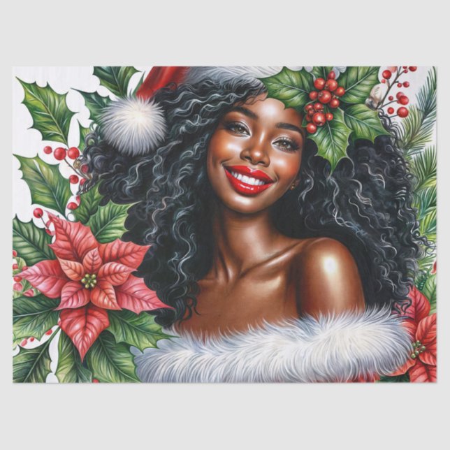 Smiling Black Woman In Santa Hat Christmas Seidenpapier (Vorderseite)