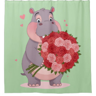 Smiling cartoon hippo holding a huge bouquet  duschvorhang