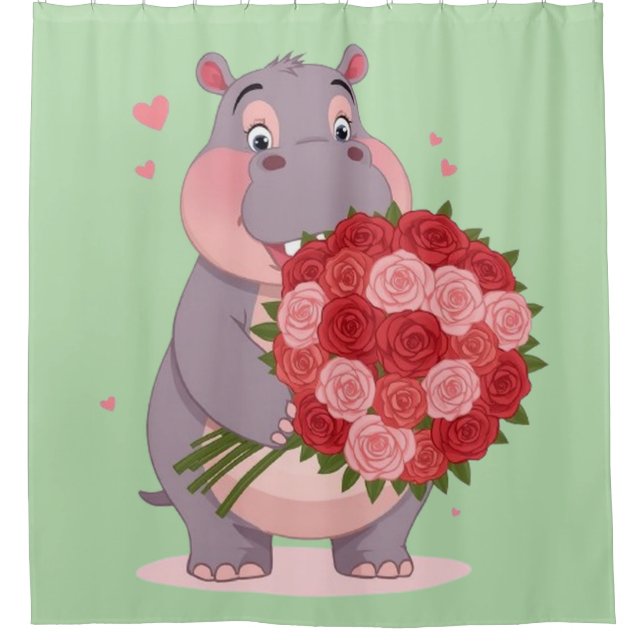 Smiling cartoon hippo holding a huge bouquet  duschvorhang (Vorderseite)