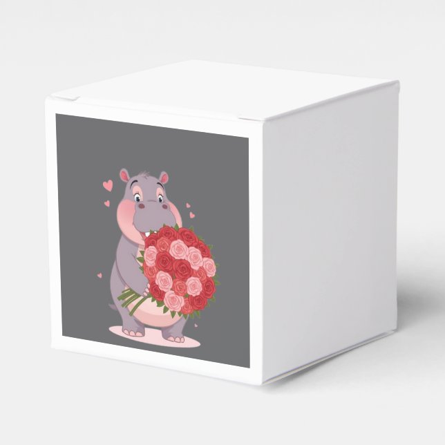 Smiling cartoon hippo holding a huge bouquet geschenkschachtel (Vorderseite)