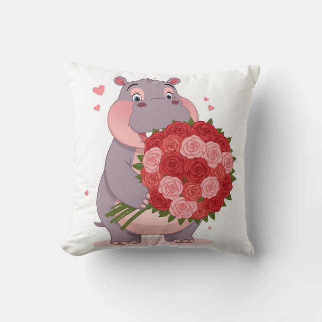 Smiling cartoon hippo holding a huge bouquet  kissen (Vorderseite)