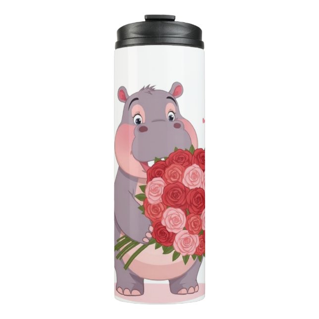Smiling cartoon hippo holding a huge bouquet thermosbecher (Vorderseite)