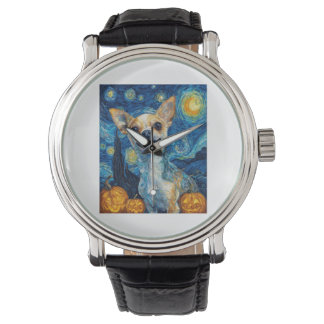 smiling chihuahua dog starry night by Van Gogh fin Armbanduhr