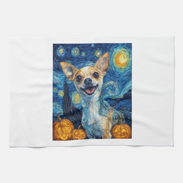 smiling chihuahua dog starry night by Van Gogh fin Geschirrtuch (Horizontal)