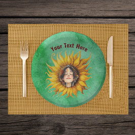 Smiling Girl Brown Hair in Big Sunflower on Green Pappteller