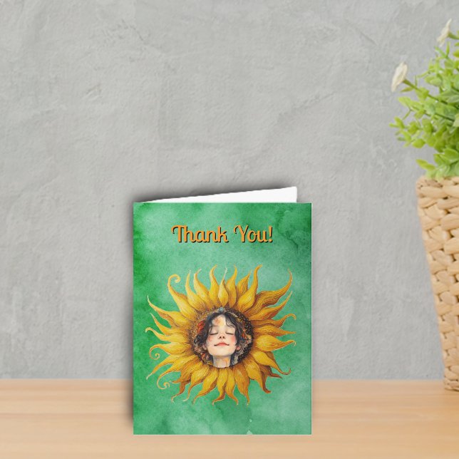 Smiling Girls Face in Middle of Yellow Sunflower Dankeskarte (Smiling girl's face in middle of big fancy yellow sunflower on shades of green Thank you cards.)