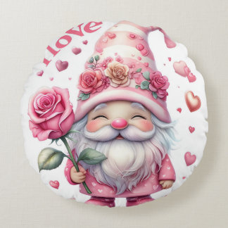 Smiling Gnome Holding a Pink Rose Rundes Kissen