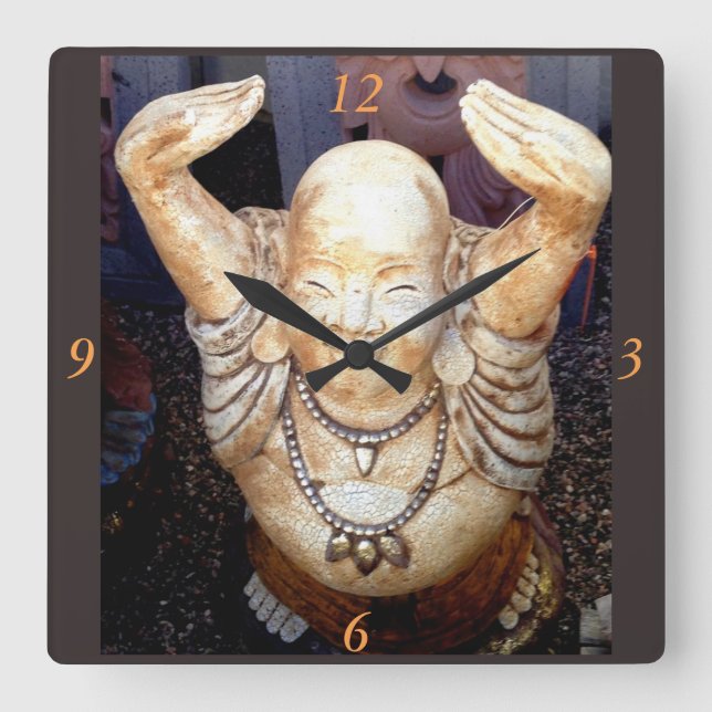 Smiling Happy Buddha Clock Quadratische Wanduhr (Vorderseite)