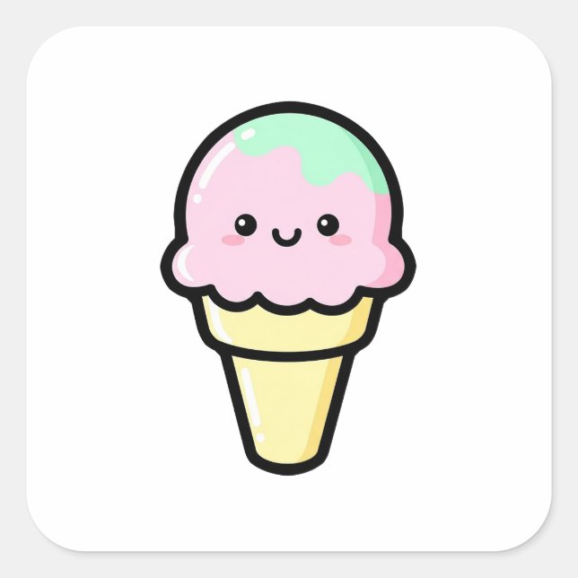 Smiling Ice Cream – Cute Kawaii Illustration Quadratischer Aufkleber (Vorderseite)