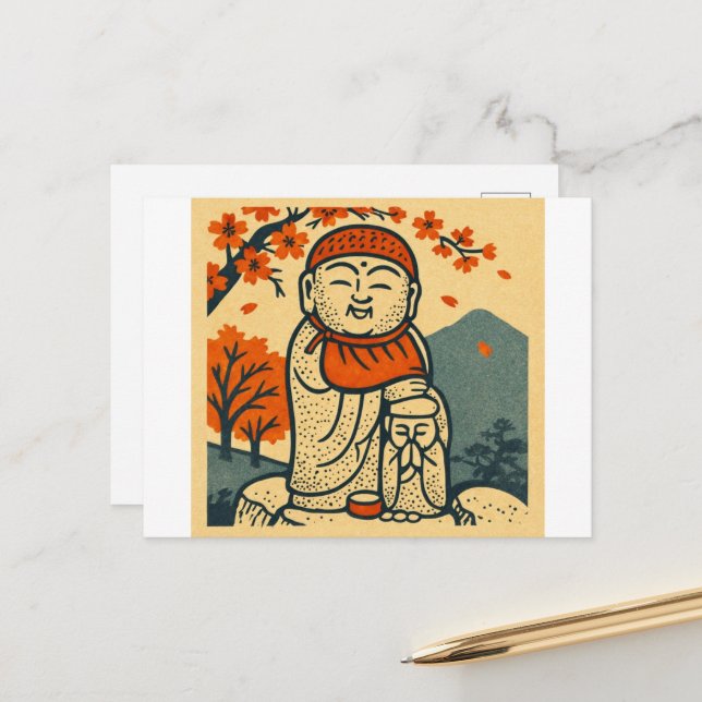 Smiling Jizo Guardian  – Japanese Folk Art  Postkarte (Vorderseite/Rückseite Beispiel)