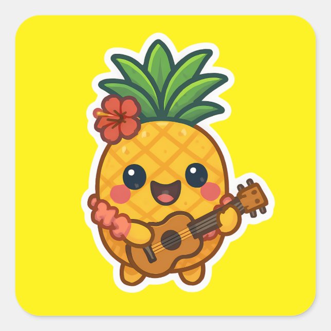 Smiling Kawaii Ananas - tropisch Quadratischer Aufkleber (Vorderseite)