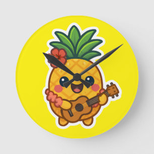 Smiling Kawaii Ananas - tropisch Runde Wanduhr