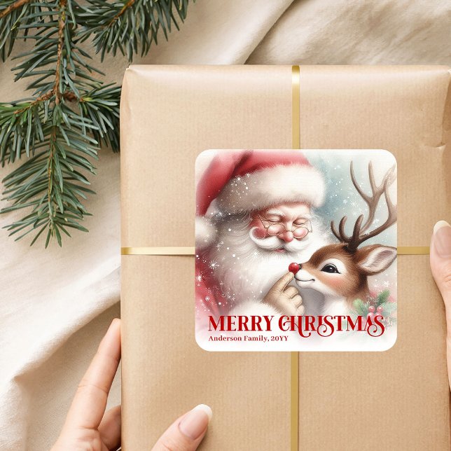Smiling Santa Rudolph Personalized Holiday Kids  Quadratischer Aufkleber (Smiling Santa Rudolph Personalized Holiday Kids Sticker)