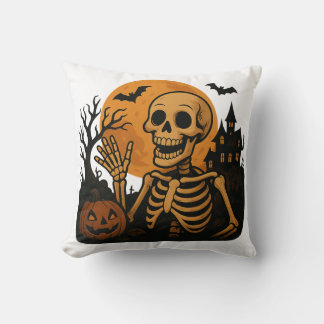 Smiling Skeleton with Pumpkin and Full Moon – Spoo Kissen