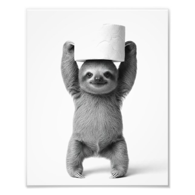 Smiling Sloth Triumphantly Lifts Toilet Paper Roll Fotodruck (Vorne)