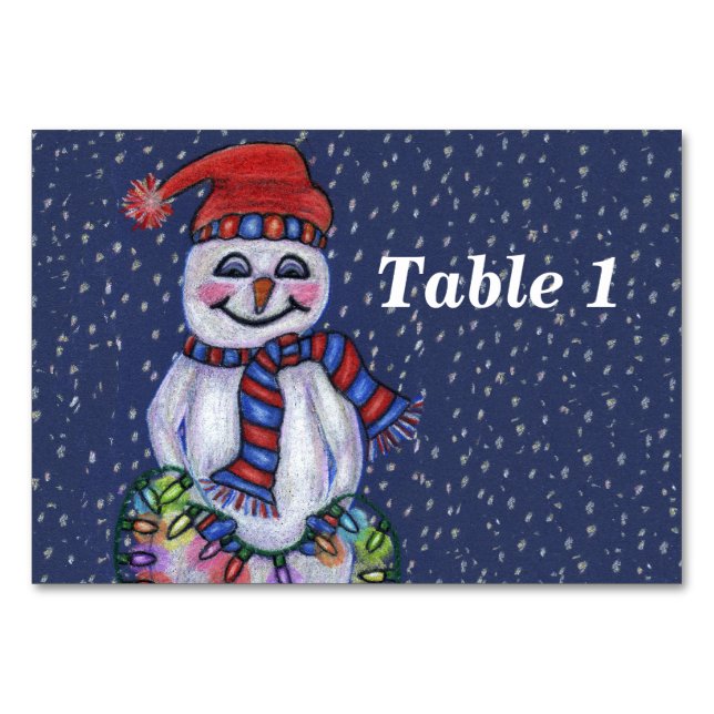 Smiling Snowman Holding String of Christmas Lights Tischnummer (Vorderseite)