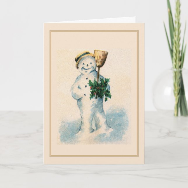 Smiling Snowman Holly Broom Vintage Christmas Karte (Vorderseite)