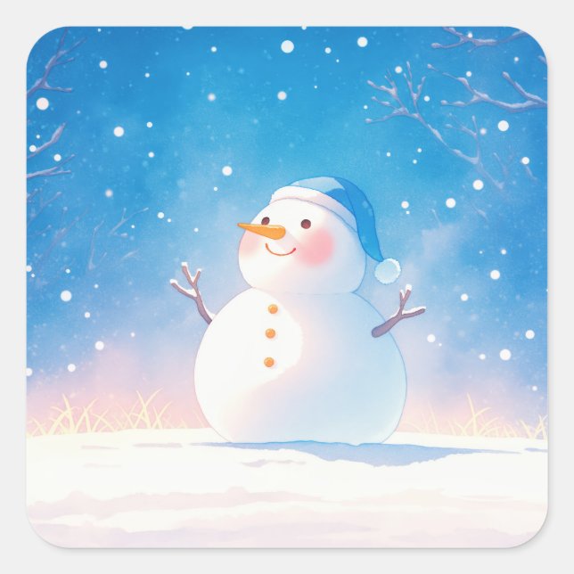Smiling Snowman with Blue Beanie in Starry Night Quadratischer Aufkleber (Vorderseite)