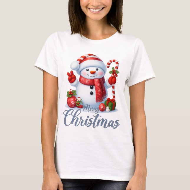 Smiling Snowman With Candy Cane Christmas Tee (Vorderseite)