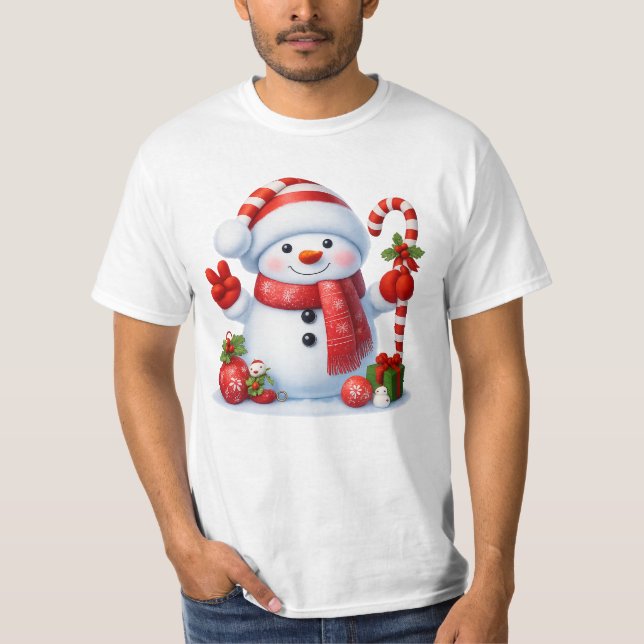 Smiling Snowman With Candy Cane Christmas Tee (Vorderseite)