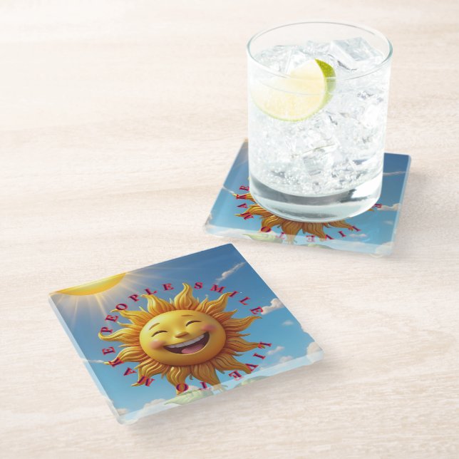 "Smiling Sun Coasters – Verbreiten Sie Freude mit  Glasuntersetzer (Schrägansicht)