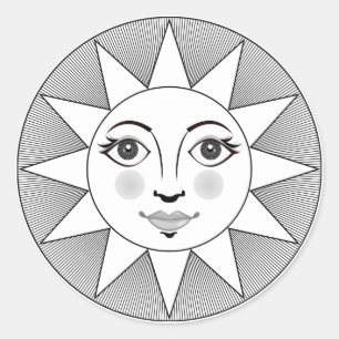 Smiling Sun Gesicht Schwarz-Weiß Astronomie Symbol Runder Aufkleber