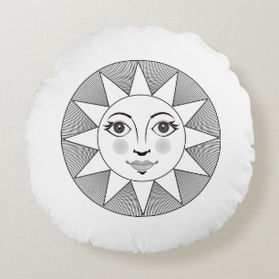 Smiling Sun Gesicht Schwarz-Weiß Astronomie Symbol Rundes Kissen